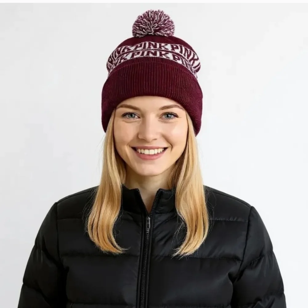 NWT PINK Victoria's Secret Logo Pom Beanie Burgundy